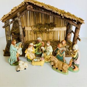 Elder Beerman Christmas Nativity Manger & Set of 9 Hand Painted Porcelain Figs